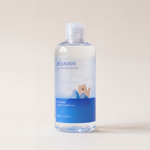 Mixsoon Glacier Water Hyaluronic Acid Serum 300 ml bottle on a warm beige backdrop