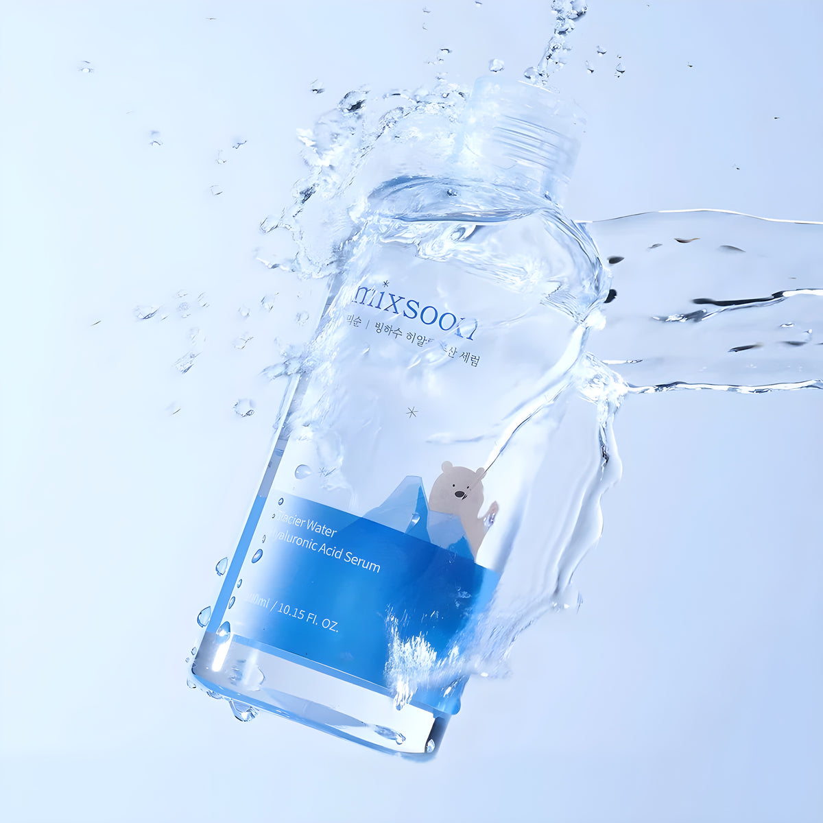 Mixsoon Glacier Water Hyaluronic Acid Serum 300ml bottle with water splash